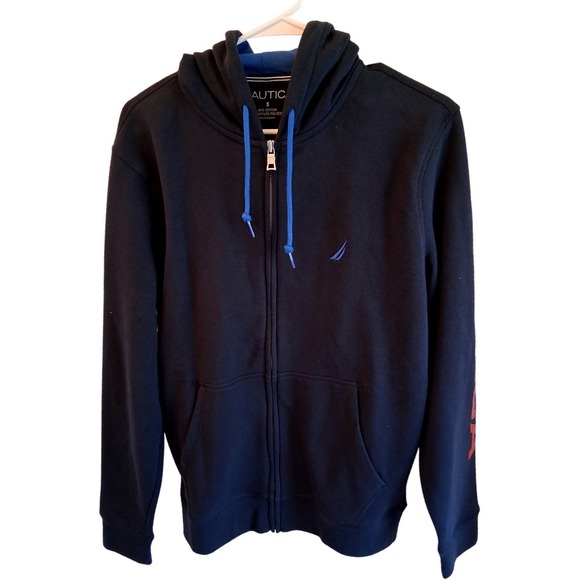 New $79 Nautica Mens Full Zip Hoodie Sweatshirt Navy w/Red Letters Sleeve Small - Picture 1 of 8